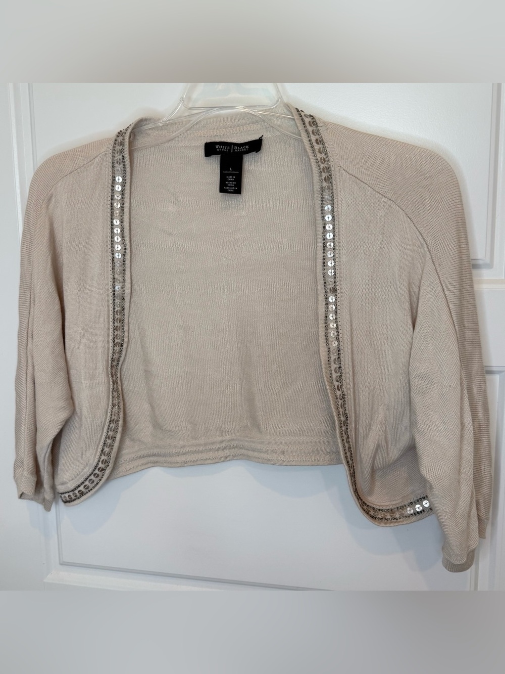 White House Black Market Beige Cropped Shrug Beaded Sequence Size Large